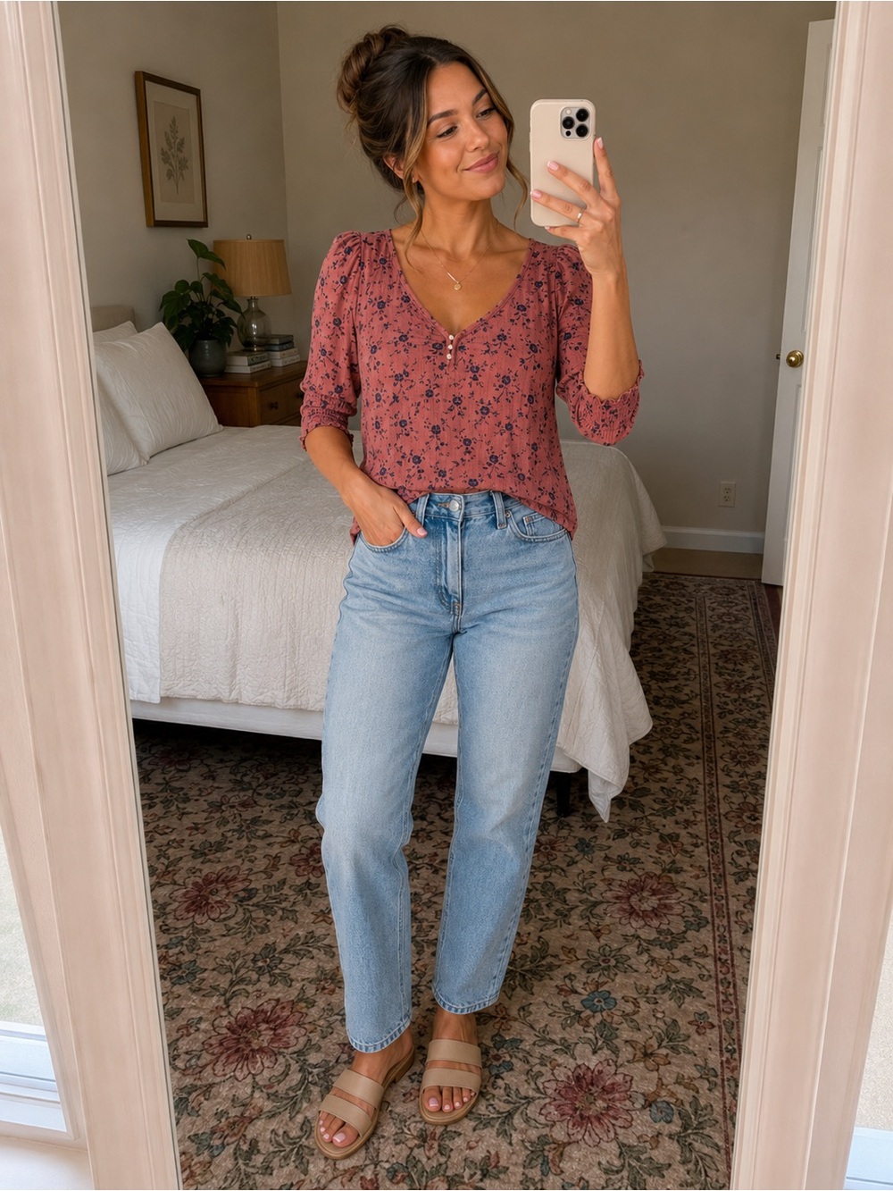 Lucky Brand Dusty Rose Floral Henley Blouse